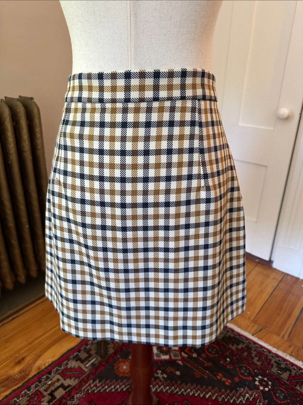 H&M Mod Button-Front Plaid Mini Skirt in Tan, Cream, and Black